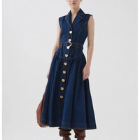 Robe maxi en denim sans manches à fleurs, style décontracté chic, style urbain, nouvelle collection 2025, écologique, avec col rabattu et ceinture à la taille