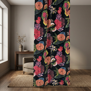 Vintage Style Cotton Velvet Curtain Black Fruit Print Boho Drapes Home Decor Luxury Cotton Velvet Style - Product Image 1