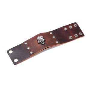 Cowhide <b>Leather</b> <b>Bracelet</b> For Men Wide Skull Pattern Brown Tibetan Silver Jewelry European American Style - Product Image 5