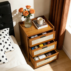 Table de Chevet Moderne de Luxe en Bois avec Tiroir et Rattan Blanc, Meuble de Rangement Style Mid-Century pour Chambre à Coucher - Product Image 2