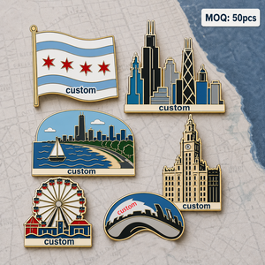 En gros, Pin's en émail personnalisé, Souvenir de voyage en métal, Motifs : Drapeau de Chicago, Ligne de délimitation de la ville, Architecture du lac du Michigan - Product Image 1