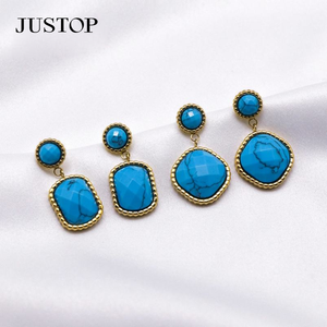 Élégantes boucles d'oreilles pendantes géométriques carrées en améthyste unisexe, chic, plaquées or 18 carats, en acier inoxydable, respectueuses de l'environnement - Product Image 3