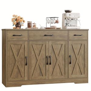 מזנון מודרני גדול 55 אינץ' מעץ MDF עם 3 מדפים, 3 מגירות ודלתות - ארון אחסון עמיד למטבח - Product Image 2