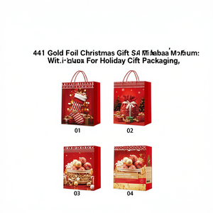 4141 Gold Foil Christmas <b>Gift</b> <b>Bag</b> Medium Size With <b>Red</b> Handle For Holiday <b>Gift</b> Packaging - Product Image 2