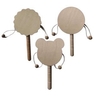 Tambour à hochet en bois brut à faire soi-même, hochet à main en bois non fini, formes multiples, jouet d'artisanat à peindre pour enfants - Product Image 4