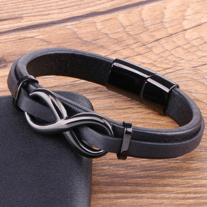 Bracelet Infinity en cuir PU noir, alliage de zinc plaqué or, unisexe, chaîne classique, bracelet cadeau - Product Image 1