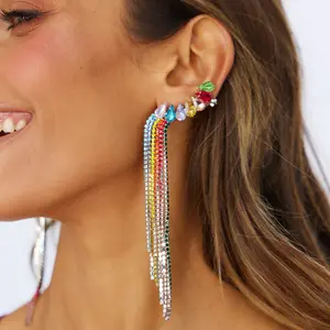 DUYIZHAO Hot Trendy Fashion Jewelry Colorful Water Drop Crystal Tennis Shape Long Exaggerated Tassel Earrings For Women Girls