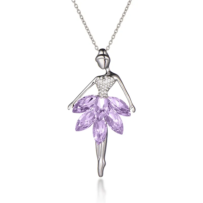 Fashion Women Jewellery Purple Crystal Ballerina Necklace Rhinestone Dancer Girl Pendant Necklace