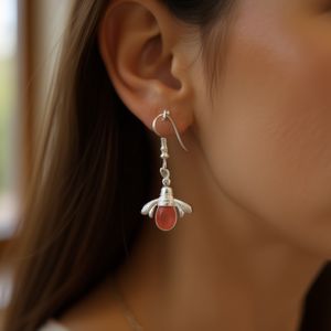 Pendientes colgantes de abeja de plata tibetana con engaste de bisel de piedra de coral para mujer, bonitos pendientes de insecto, joyería de moda, regalo - Product Image 2