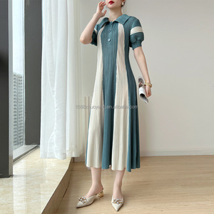 Vestido de columpio a rayas de empalme de gama alta de alta calidad, vestido plisado Miyake de manga <span class=keywords><strong>FAROL</strong></span> DE Color contrastante para mujer - Product Image 3