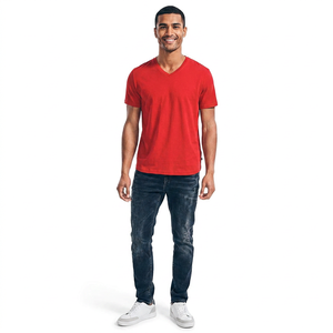 T-shirt ajusté pour homme à col en V rouge, 100% coton, style streetwear hip-hop, impression sur écran, décontracté, OEM, extérieur - Product Image 1