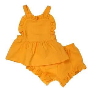 Boutique Summer Linen Cotton Kids Clothing Sleeveless Ruffle Outfit Baby Girls Outfit