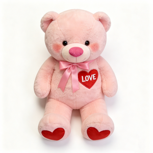 Customize Soft pastel pink sitting teddy bear with pink <b>bow</b> and <b>red</b> LOVE heart embroidery, Plush bear with heart foot pads - Product Image 2