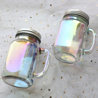 Bocal Mason nacré coloré avec poignée Tasse à eau en verre moderne avec couvercle Jus de paille pour boisson froide Sipper en verre de thé au lait