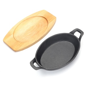 Ensemble de 3 poêles en fonte ovales pré-assaisonnées avec plateau en bois pour <span class=keywords><strong>la</strong></span> cuisine à domicile - Product Image 2