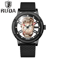 Montre à quartz RUDA 8301 édition Iron Man, squelette, fond transparent, bracelet en cuir milanais pour homme, étanche