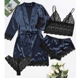 SFY1133 <b>Women's</b> Satin Lace Mesh Bodysuits 4-Piece <b>Sexy</b> Lingerie Sleepwear Set for Homewear <b>Nightwear</b> - Product Image 4