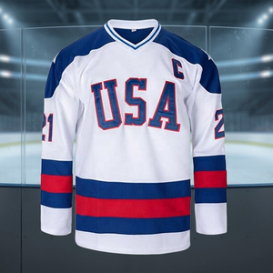USA Ice Hockey Jersey Men's V-Neck Full Sleeve Moisture Wicking Polyester Uniform Embroidered Team Name White Blue Red - Product Image 2