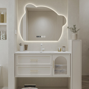 Cream bathroom sink cabinet defogged rock integrated basin wood vanity with multi-layer storage drawers - Product Image 1