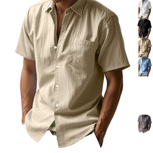 Wholesale <b>Men's</b> Casual <b>Linen</b> <b>Shirt</b> Summer Turn-down Collar Single Button <b>Short</b> <b>Sleeve</b> Solid Color Breathable Customized Colors - Product Image 1