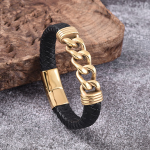 Handmade Braided <b>Leather</b> <b>Bracelet</b> for Men | PVD Gold Stainless Steel Magnetic Clasp with Chain Link Design | Men's Fashion Brace - Product Image 5