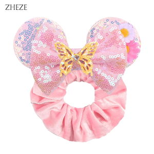 Ikat Rambut Elastis 2.3'' Motif Telinga Tikus Payet dan Pita Polkadot untuk Anak Perempuan, Penjepit Rambut Kuncir Kuda Wanita, Scrunchies Beludru, Headband, Aksesoris Rambut - Product Image 2