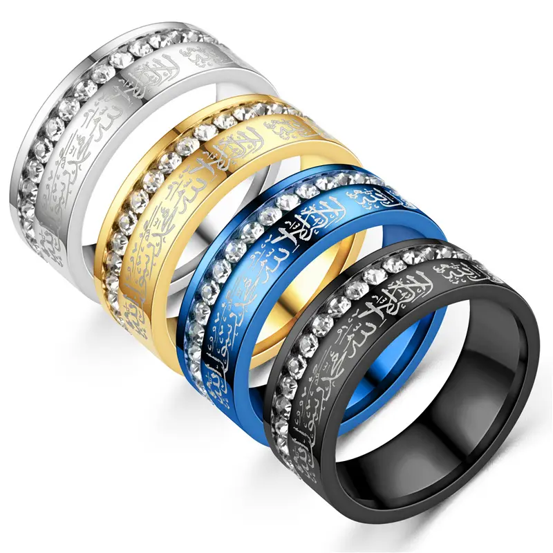 Arabic Islamic Muslim Allah Iced Out Cz Charm Rings High Quality Stainless Steel Rings Religious Jewelry Femme Rings