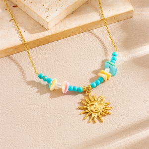 Colorful Irregular Stone Beaded Necklace Gold Plated Sun Pendant Stainless Steel Chain Party Fashion Jewelry - Product Image 2
