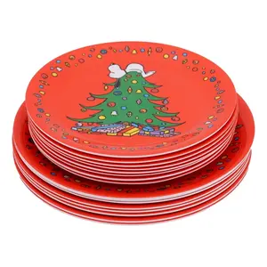 Santa Claus Holiday Personalised Christmas Wishes Collection-Red Melamine Dinner Salad Plate Sets Service for 8