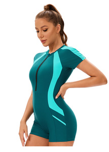 New Design <strong>Ladies</strong> Color Block <strong>Boyleg</strong> <strong>Swimsuit</strong> Short Sleeve Zipper Closure One Piece Bathing Suit for Beach - Product Image 2
