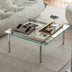 Basit Tasarımlı Orta Yüzyıl Tarzı Cam Sehpa, Çelik Çerçeveli, Çevre Dostu, Otel Odası İçin Alçak Sehpa - Product Image 1