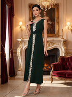Abaya ouverte deux pièces en polyester avec dentelle, col en V, longueur cheville, robe modeste élégante en mousseline, tenue musulmane pour mariage, fête, Aïd, adultes