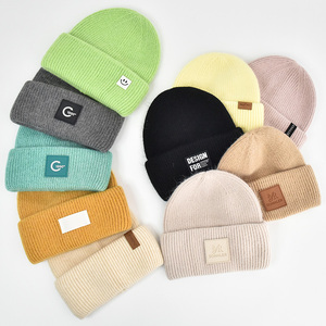 <strong>Winter</strong> Angora Wool Knitted Beanie With Custom Leather Patch Logo Soft Warm Fluffy Rabbit Fur Knit Plain Beanies for Women