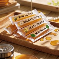 Sachet personnalisé imprimé pour bâtonnets de miel, scellage arrière, qualité alimentaire, pochette plastique thermoscellable, emballage individuel pour bâtonnets de miel liquide