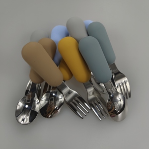Ensemble cuillère et fourchette pour bébé à manche court en silicone, acier inoxydable, 2-4 ans, ustensiles d'alimentation manuels, colorés, écologiques, sans BPA - Product Image 4