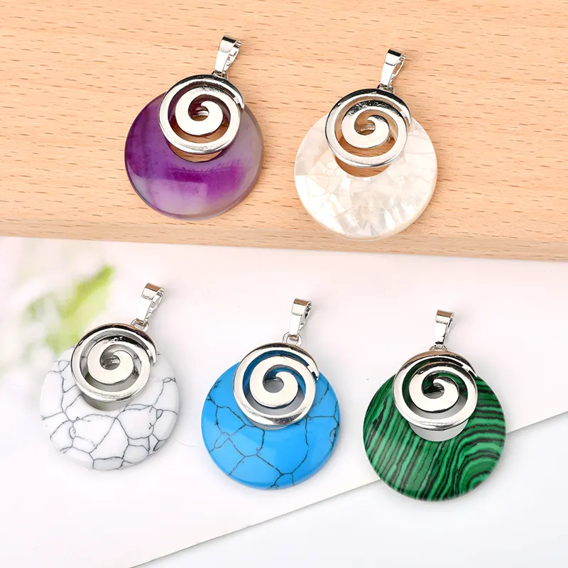 Mop Shell and Natural Stone Agogo Donut Pendant Copper Bezel with Silver Color Plating Stone Pendant