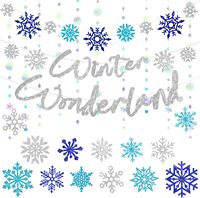 Guirlande de bannières décoratives scintillantes bleues et argentées en forme de flocons de neige pour fêtes d'hiver, thème Pays des Merveilles, pour la décoration de la maison et des fêtes de Noël.