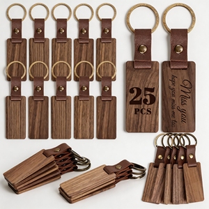 Premium Quality Rectangle Wooden Keychain Black Walnut and Beech Leather Encased <strong>Metal</strong> <strong>Keyring</strong> with Custom Logo - Product Image 1