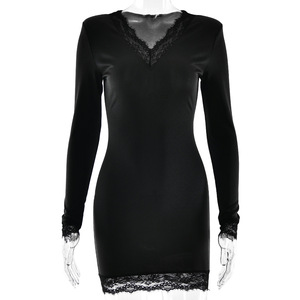 Vestido con cuello en V y ribete de encaje, cintura natural, corte ajustado, elegante para la noche - Product Image 5