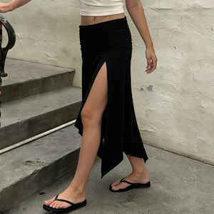 Black Fold-Over Waistband High Slit Asymmetric Breathable Ruched Summer Casual Women's Midi <b>Skirt</b> - Product Image 2