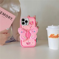 Coque de téléphone portable en silicone véritable antichoc avec support pliable en forme de papillon 3D, design personnalisé, vente en gros, iPhone 16 15 Pro Max 14 13
