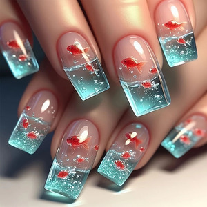 Nuove Unghie Finte Lunghe <span class=keywords><strong>Blu</strong></span> con Design a Pesci Oceanici, 24 Pezzi, Unghie Artificiali Press-on per Nail Art, Vendita all'Ingrosso - Product Image 4
