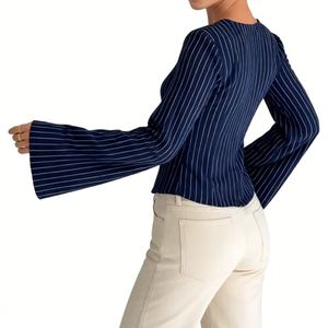 Blusa de Mujer con Cuello en V y Rayas Finas - Top Peplum de Manga Larga con Cintura Fruncida, Camisa de Moda para Mujer - Product Image 3