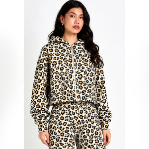 <b>Women</b> <b>White</b> Yellow Leopard Print Zip Up <b>Hoodie</b> Long Sleeve Casual Hooded Full Front Zipper And Relaxed Fit For Streetwear Outfit - Product Image 1