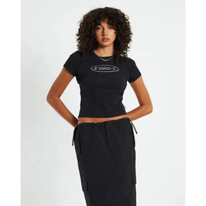 Tùy Chỉnh Bling Biểu Tượng Pha Lê Thời Trang Phố Mùa Hè Sáng Bóng Rhinestone Đồ Họa Phụ Nữ Bé TEE Sửa Chữa Nóng Rhinestone Bông Crop Top Cho Phụ Nữ - Product Image 5