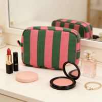 Pochette de maquillage en toile rayée, trousse de toilette portable de voyage avec fermeture éclair, logo personnalisé disponible pour le rangement des cosmétiques féminins