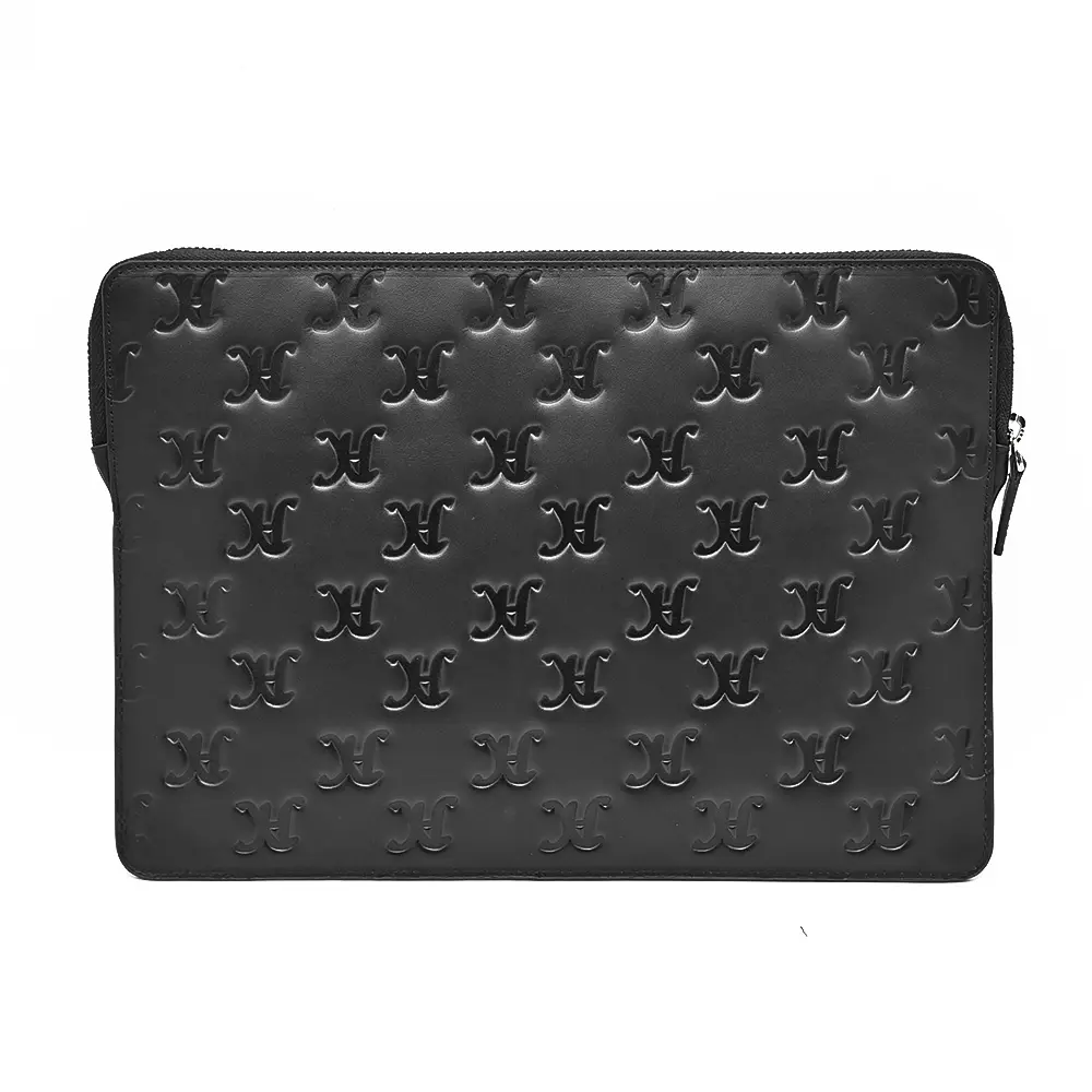 Luxury Custom Full Emboss Logo Black Genuine Real Cow Leather 13in Laptop Protector Cover Sleeve Bag For Computer