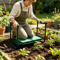 Tabouret de jardin pliable 2 en 1 avec coussin en mousse EVA épaisse et large pour le désherbage, capacité 150 kg