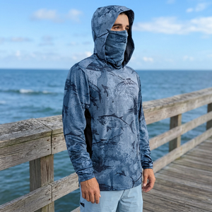 <b>Men's</b> Anti-UV Fishing Hoodie with Face Mask Long Sleeve Shark <b>Print</b> Pullover - Product Image 2