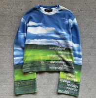 Kaos Lengan Panjang Rajut Waffle Pria dengan Grafik Pemandangan Alam, Cetakan Lukisan Minyak Padang Rumput, Sweatshirt Thermal Streetwear